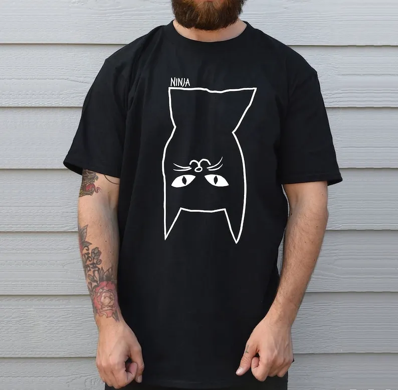 Ninja Cat Has Landed, This Super Soft Mens Cat Tshirt Is Available in Three Colours with Worldwide Shipping Cotton Retro Shirt