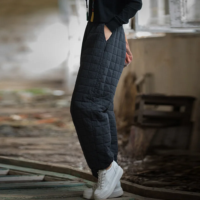 Winter Cotton and Linen Women's Clothing Padded Thickened Warm Fried Color Distressed Quilted Plaid All-Matching Trousers Pants