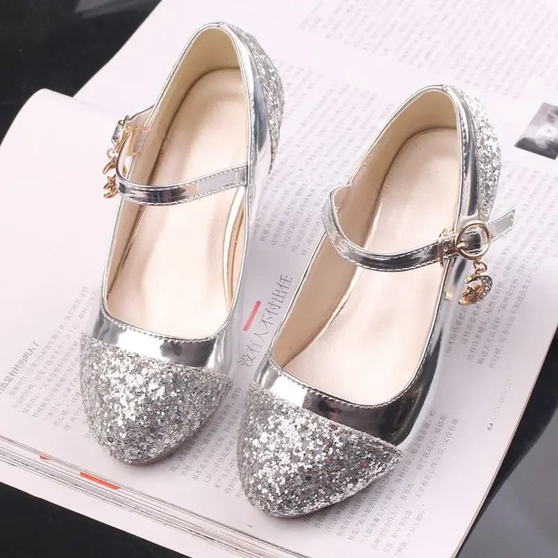 Kids Princess Party School Shoes High Heels Gold Silver Elegant Children Girls Dress Leather Shoes New Fashion Sequins Design