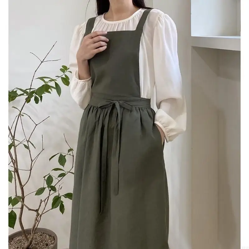 Elegant Cotton Linen Kitchen Apron Moisture Wicking Home Cook Bakers Coffee Shop B95B