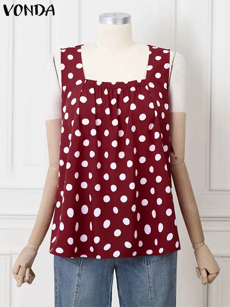 ZANZEA Korean Style Polka Dot Tank Tops Women Sweety Sleeveless Vest 2024 Summer Square Neck Tanks Blouse Vintage Holiday Camis