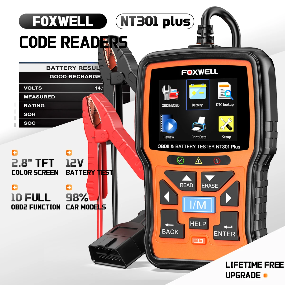 

FOXWELL NT301 Plus 2 IN1 OBD2 Scanner Battery Tester OBD2 Scanner Diagnostic Tool Check Engine Car Code Reader 12V 100-2000 CCA