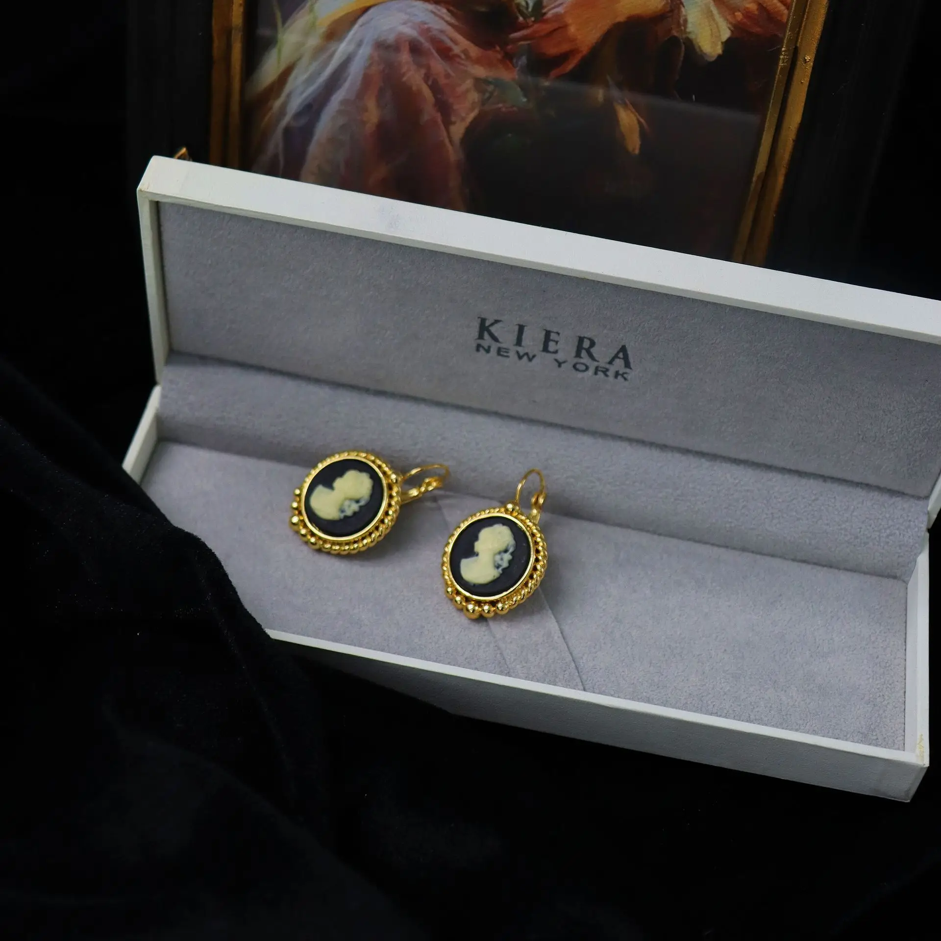 Vintage Embossed Portrait round Earrings Real Gold Plated Earrings Gold Plated French Style