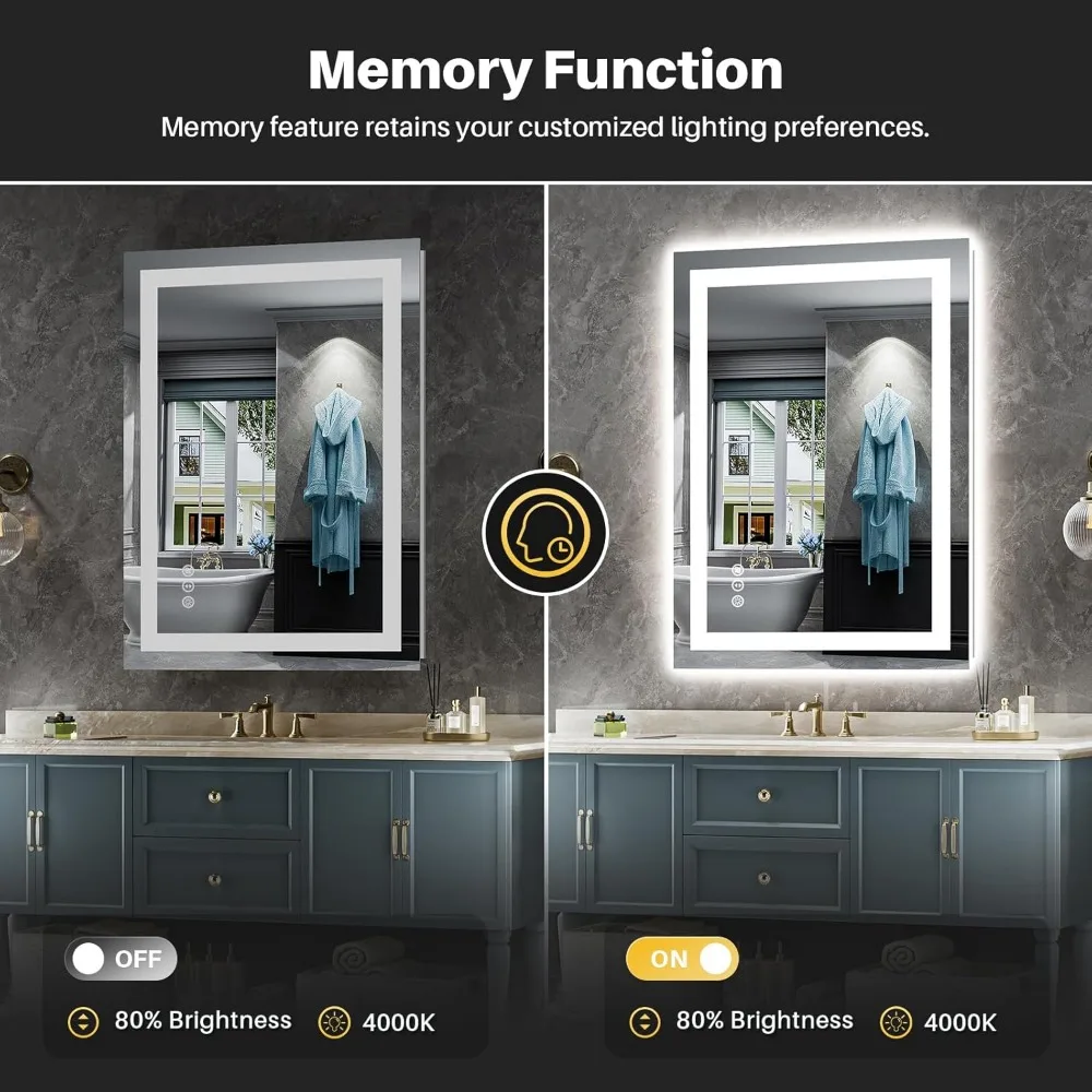 Miroir de salle de bain LED 24x32 pouces avec antibuée, lumières à intensité variable, fonction mémoire, verre trempé incassable