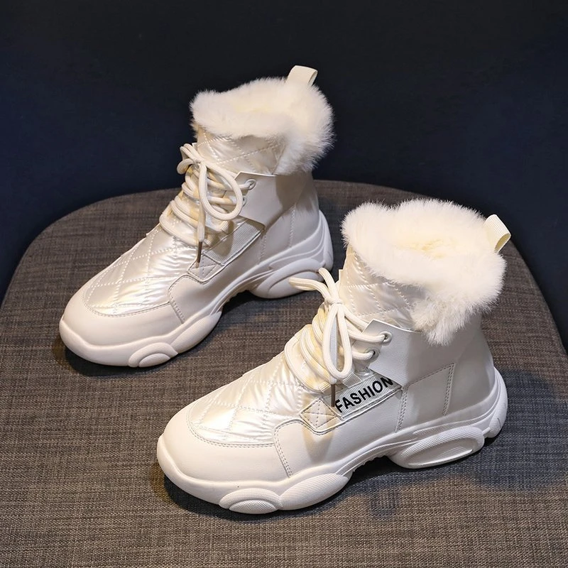 KAMUCC Chunky Platform Cotton Padded Shoes Woman Waterproof Thick Plush Snow Boots Women 2021 Fashion Lace Up Winter Sneakers