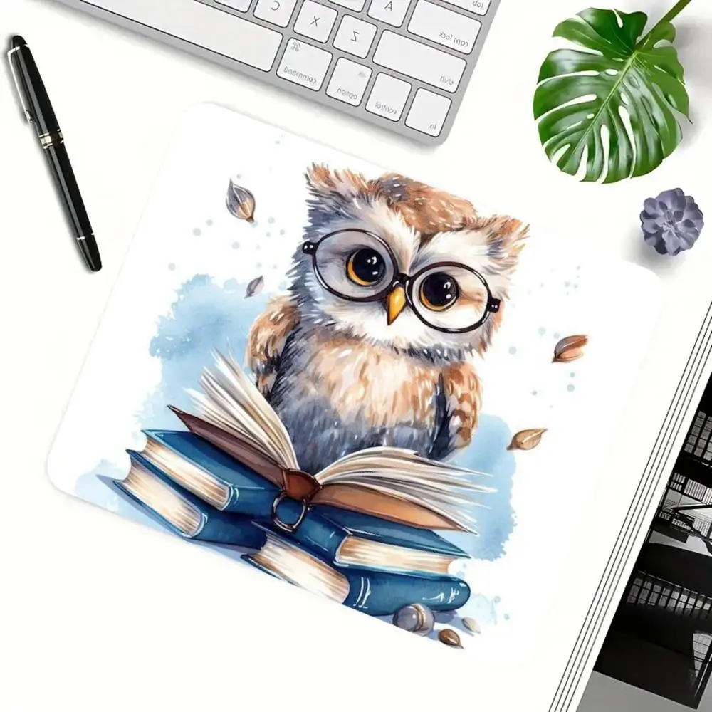 Watercolor Style Owl With Glasses Reading Book Stacked Books Illustration mousepad Non Slip Natural Rubber Mat