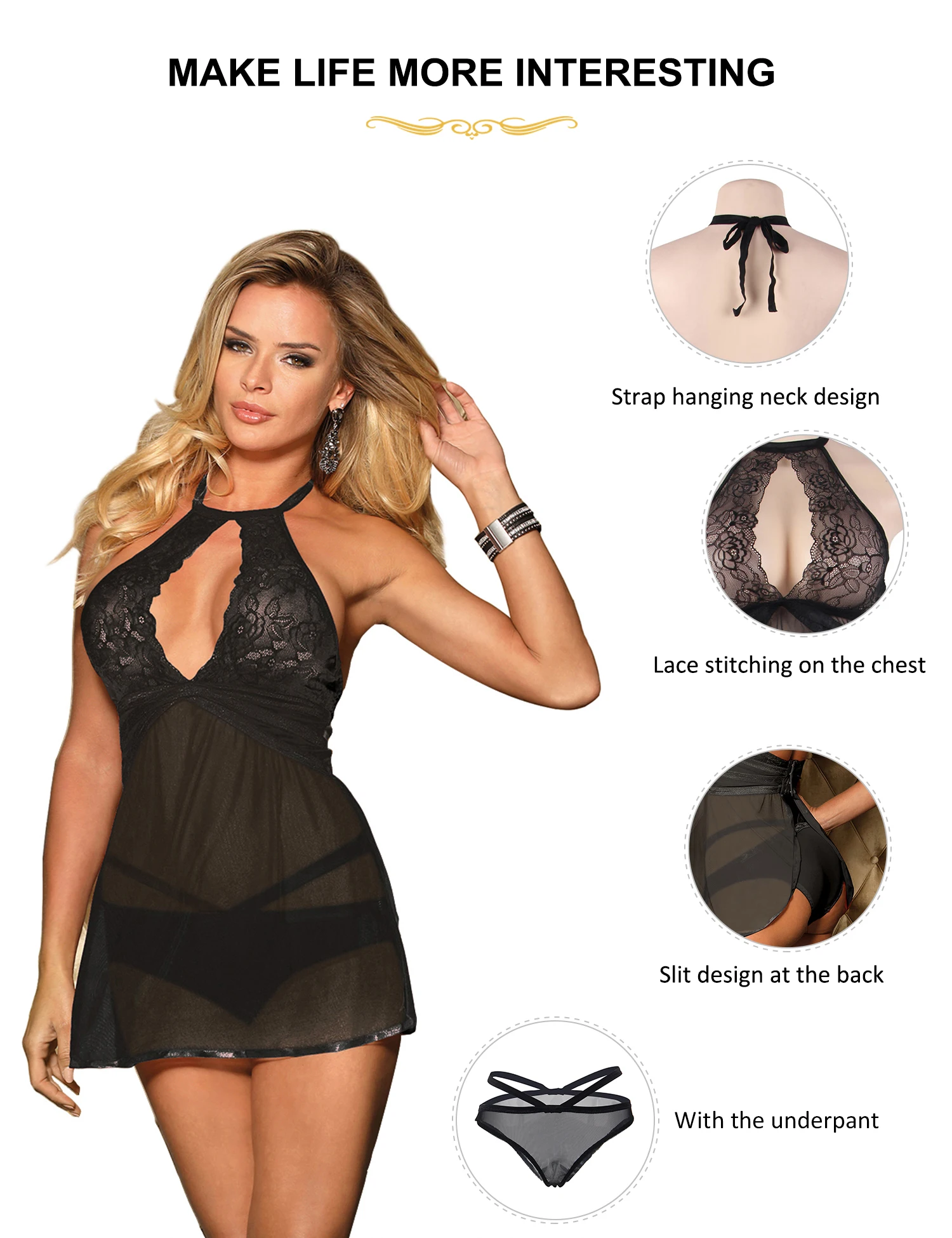 Ohyeahlady Floral Lace Women Sexy Babydoll Lingerie Black Sheer Mesh Transparent Nightgown Breathable Halter Plus Size Sleepwear