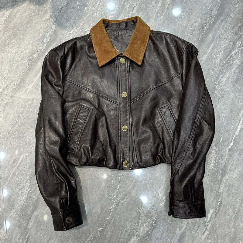 Cappotti da giacca in vera pelle da donna vintage caffè Cappotti da donna corti in pelle di pecora con cuciture in pelle cerata e colletto in pelle scamosciata