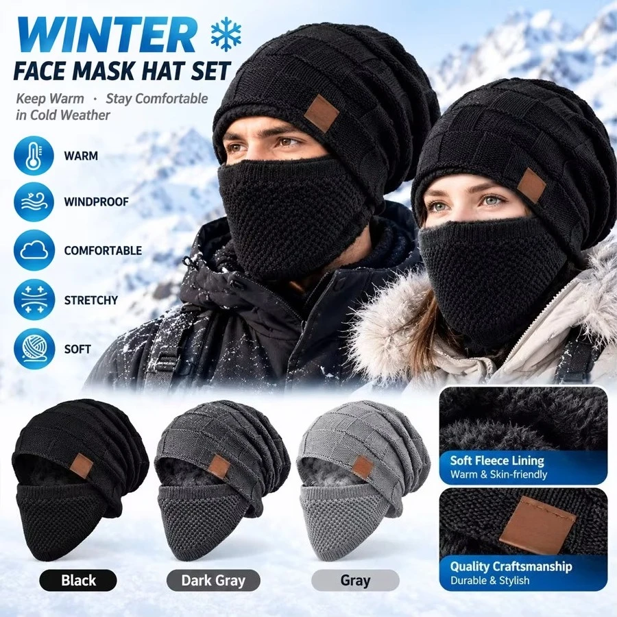 2Pcs Unisex Winter Fleece Ear Protection Beanie&Full Face Balaclava Set Plush Lined Gray Black Dark Gray for Ski Cycling Outdoor