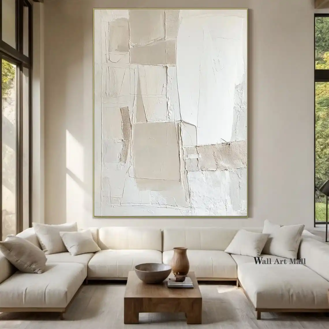 

Бежево-белая текстурированная абстрактная живопись, большая белая текстурированная абстрактная настенная живопись, современный минималистичный декоративный рисунок ручной работы