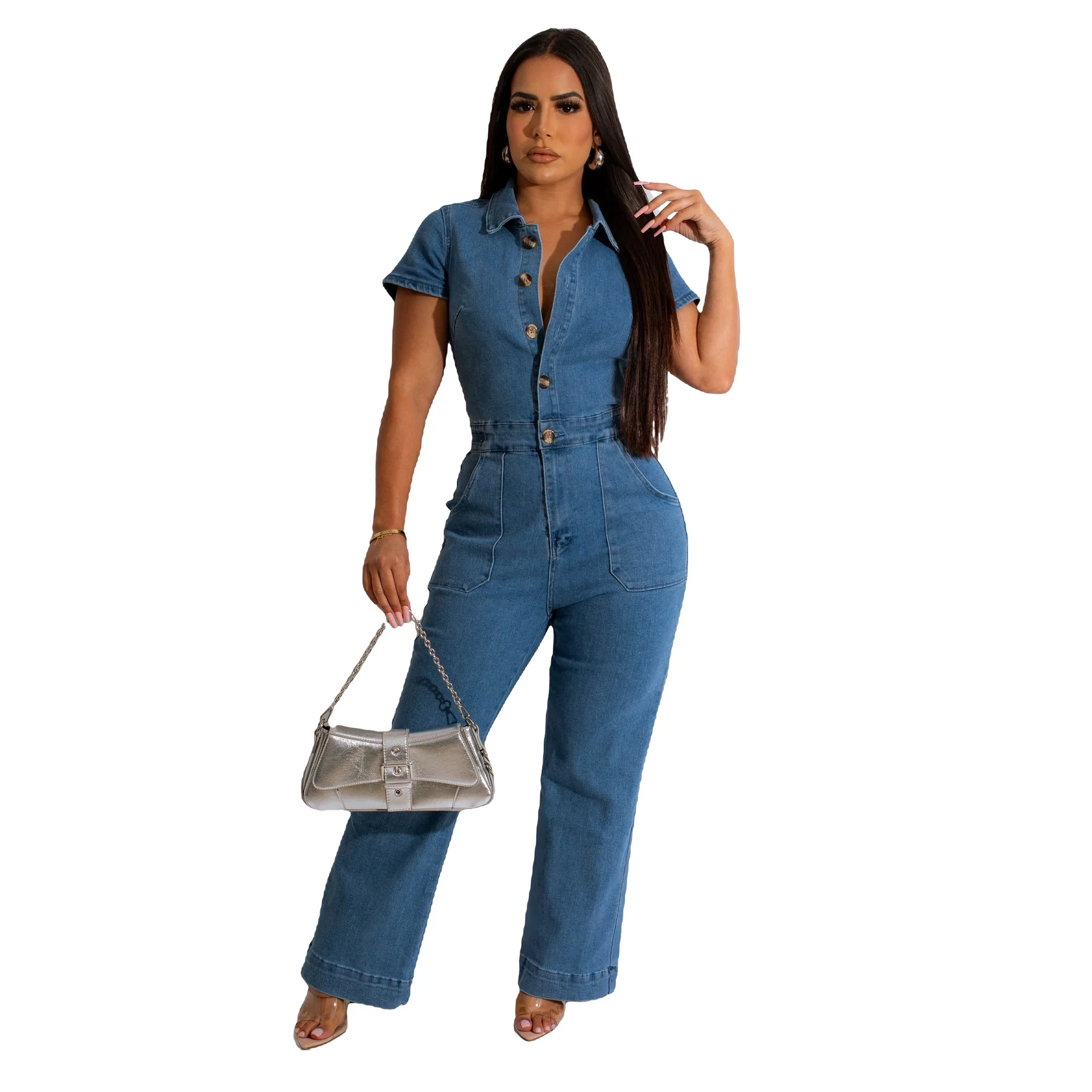 

new denim jumpsuit short sleeve wide leg pants one piece outfit women