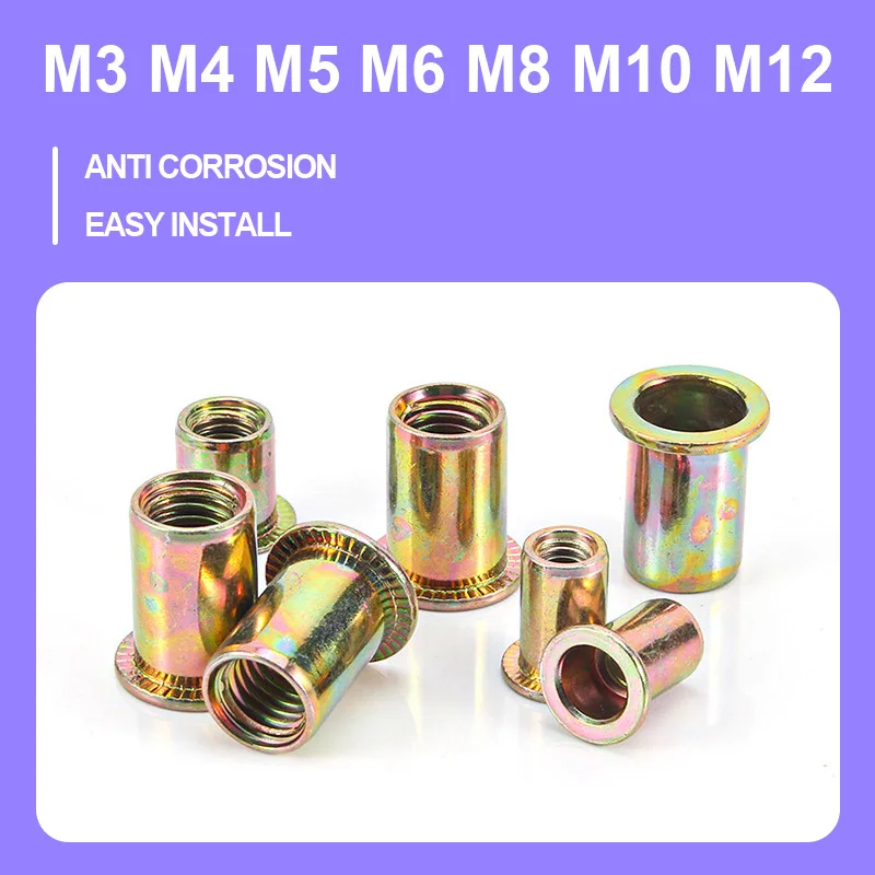 M3-M12 Yellow Zinc Plated Flat Head Knurled Rivet Nut Anti-Corrosion Blind Rivnut Rivet Cap For Metal Sheet Assembly