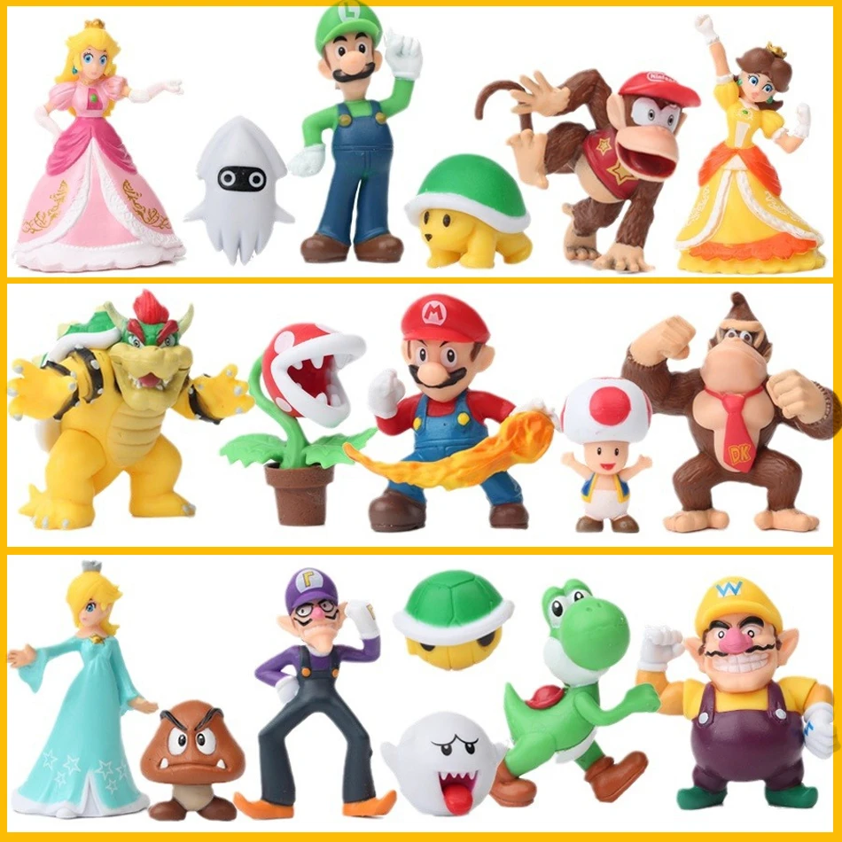 Figurines d'action en PVC Super Mario Bros, ensemble de modèles de poupées Luigi Yoshi Donkey Kong Mushroom, pour enfants, cadeaux d'anniversaire, 12-18 pièces/ensemble