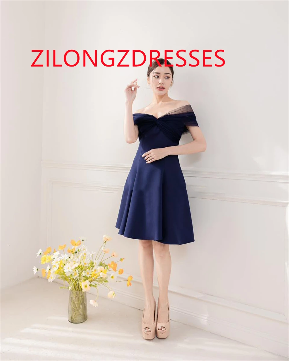 Vestido de noche de Jersey azul con temperamento personalizado, vestidos para ocasiones especiales de manga corta sin tirantes de alta calidad con hombros descubiertos