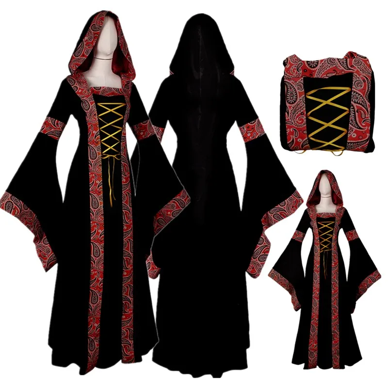 Vestido Cosplay medieval retrô para mulheres, vintage, renascimento, fantasia adulta, túnica com capuz, roupas, halloween, carnaval, terno de festa