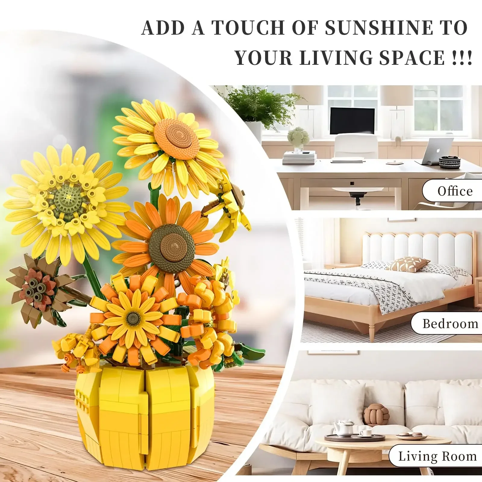 1009PCS Sunflower Building Blocks ดอกไม้แจกันชุดอิฐชุดไอเดียตกแต่งบ้านของเล่นเพื่อการศึกษาเด็กวันหยุดของขวัญ