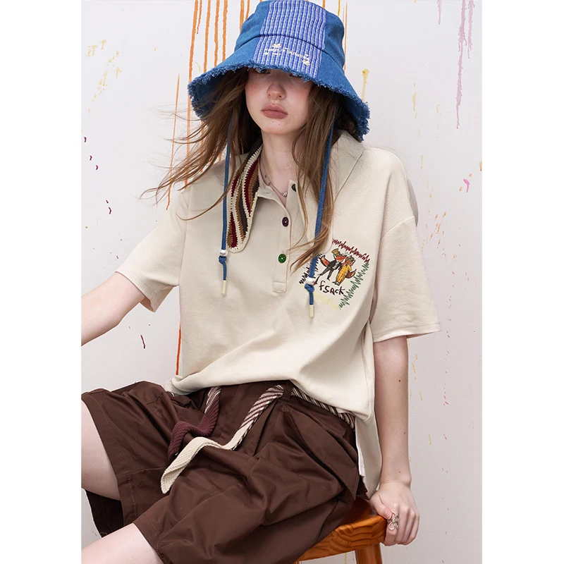 ELFSACK Women's Polo Collar Short Sleeve T-Shirt with Crochet Scarf Detail & Fox Embroidery, Regular Fit Soft Summer Tee