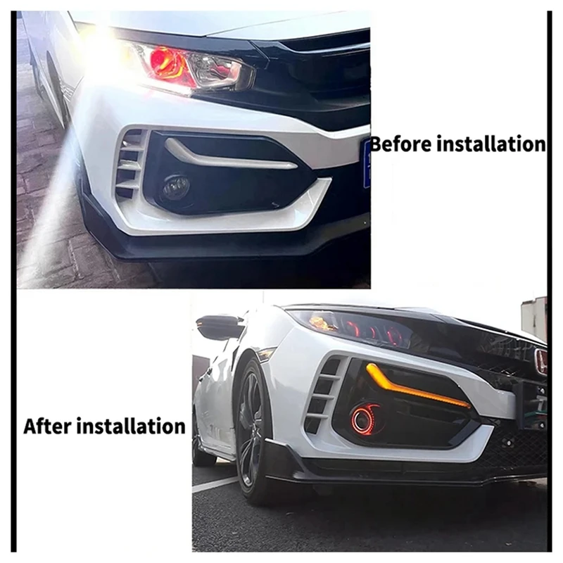 For Honda Civic 10Th Modified TYPER Front Bumper Fog Lights 3-Color Streamer Daytime Running Lights