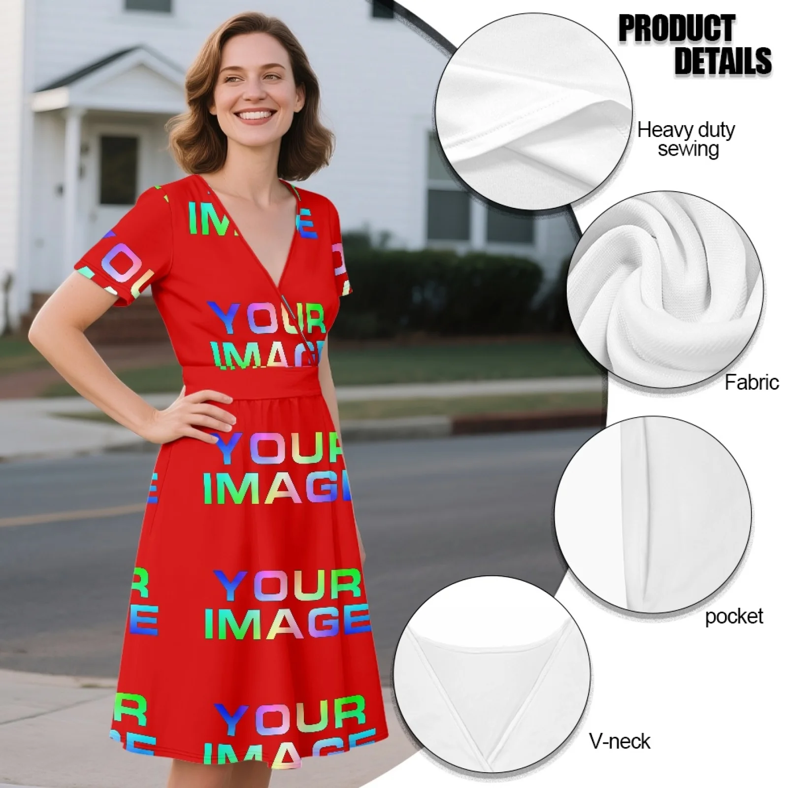 Women Summer Elastic Waist Short Sleeve Elegant Dress Casual Beach V Neck A-Line Mini Dresses Custom Dress Print On Demand view 3