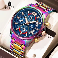 RUIGE New Men's Quartz Sports Watch Stainless Steel Modern Skeleton Design Waterproof Watch Luminous Date Men's Watch
