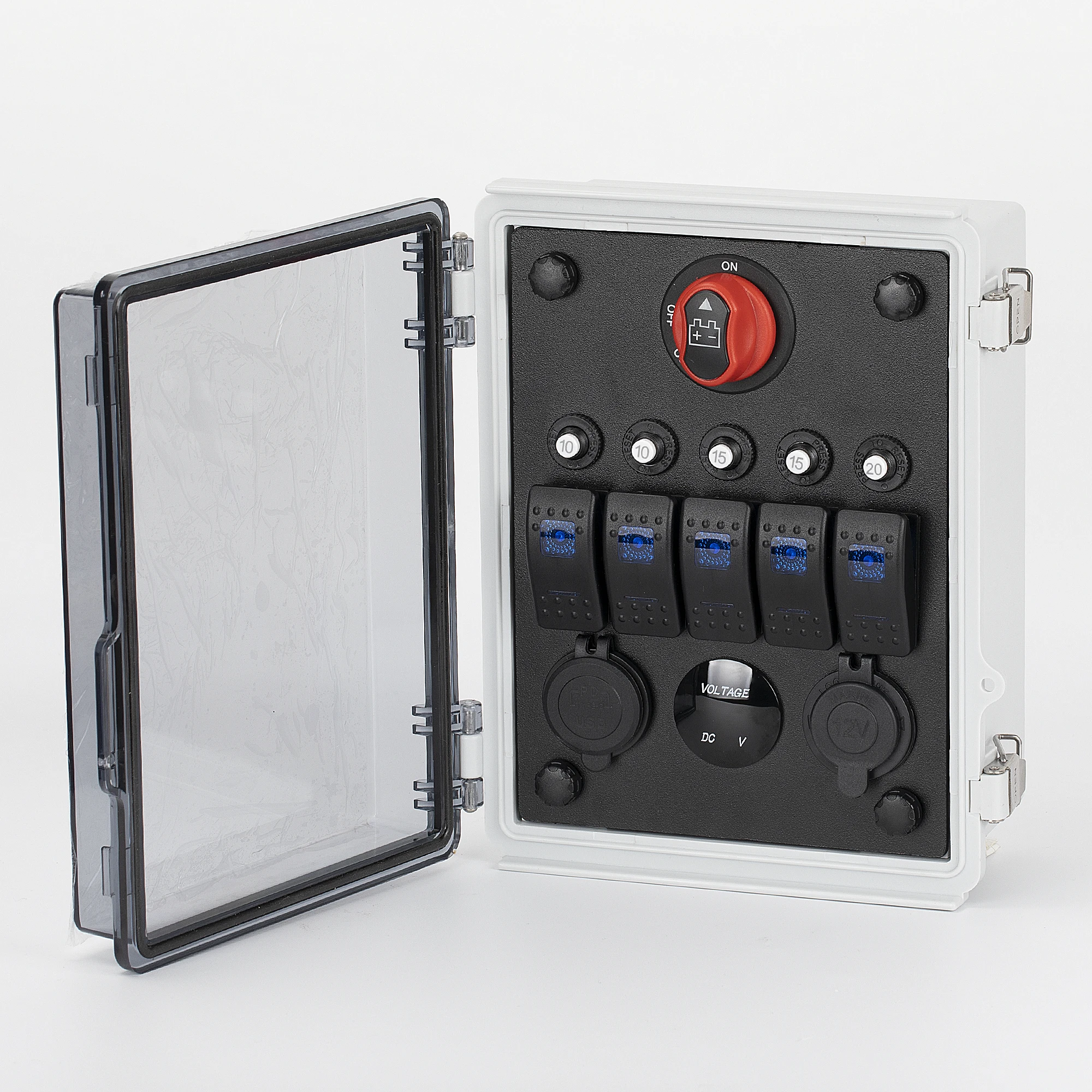 Hot Sale 12V Waterproof Battery Power Control Hub Box with Integrated Rocker Switch Panel for Automotive Marine RV Applications