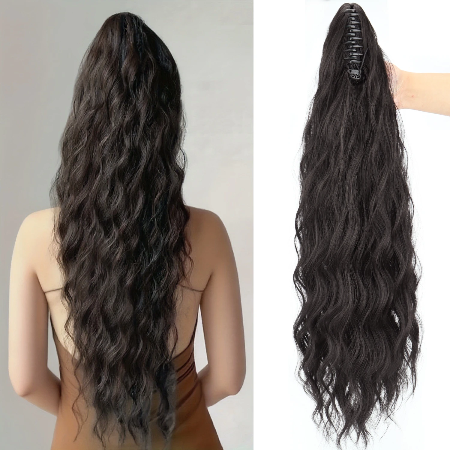 Synthetischer 26-Zoll-Wasserwellen-Haarclip, Pferdeschwanz, Schwarz, Blond, hitzebeständig, flauschiger, unordentlicher Pferdeschwanz, Haarverlängerungen für Frauen – Detail 6