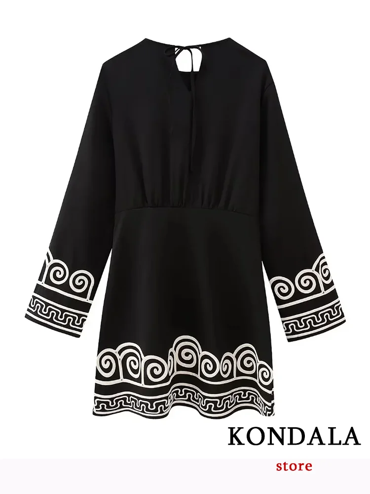 KONDALA Vintage Women Dress Embroidery Geometric O-Neck Mini Dress New Fashion 2023 Autumn Long Sleeve Elegant Indie Folk Dress