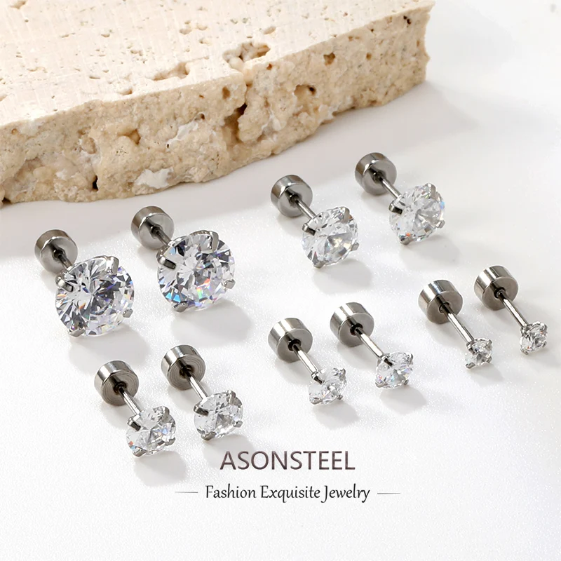

ASONSTEEL 1Pairs Stainless Steel Cubic Zirconai Stud Earrings 3/4/5/6/8mm Size Round Crystal For Woman/Men Shiny Dainty Jewelry