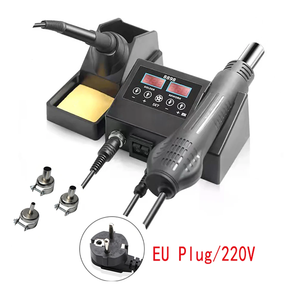 8898 Digital 2-in-1 Adjustable Temperature Soldering Station EU Plug 220V 600W Hot Air Rework 60W Soldering Iron for PCB Welding