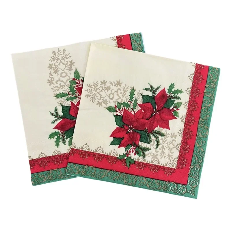 10/20pcs 2Ply 33cm Christmas Napkins Red Christmas Flowers Printed Paper Napkins Disposable Placemats Colourful Printed Napkins