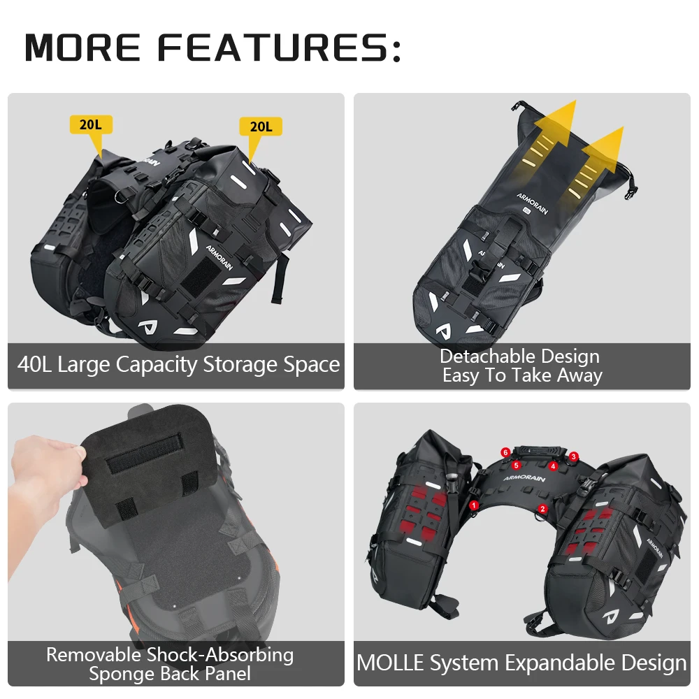 Motorcycle Saddle Bags Waterproof Side Luggage Bags 40L Lightweight Motorcycle Side Panniers for Cross Country Riding Toolkit image 3
