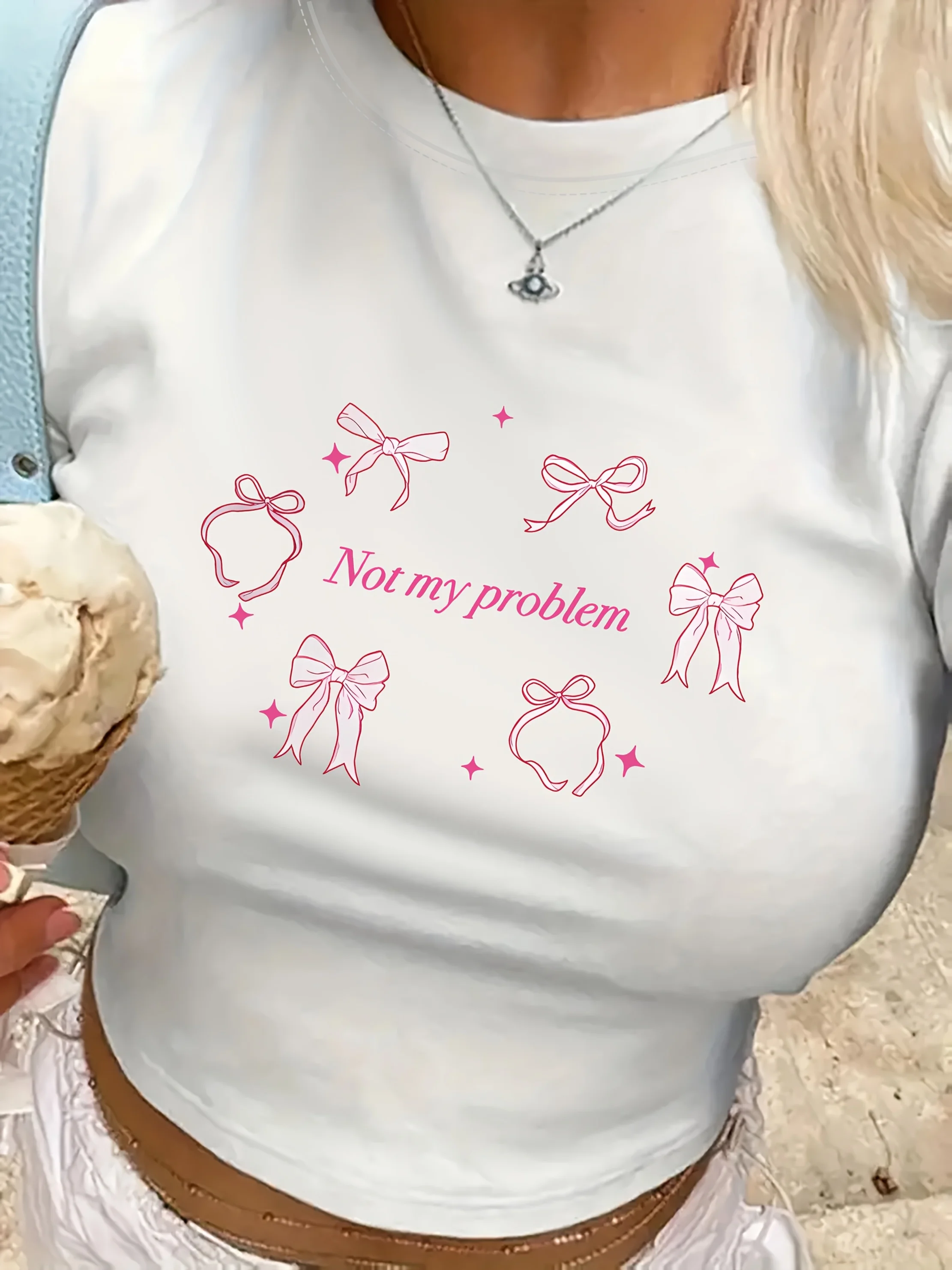 الوردي القوس طباعة طاقم الرقبة المحاصيل تي شيرت Y2K قصيرة الأكمام أعلى لربيع وصيف الملابس النسائية جميل اقتصاص