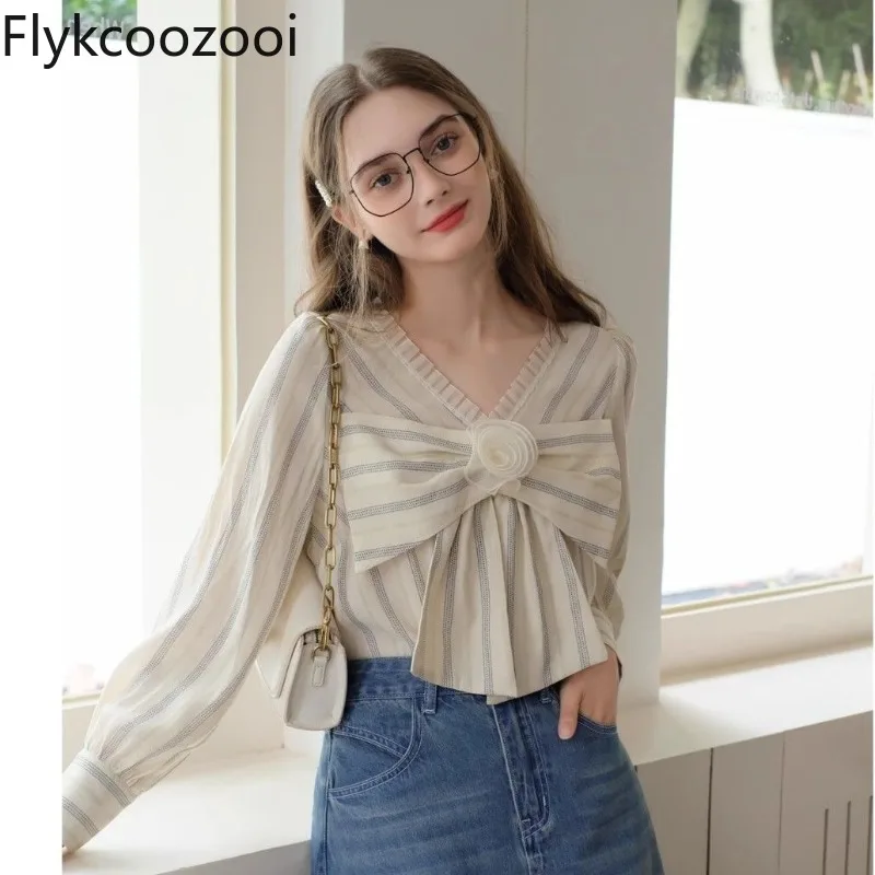 

Appliqued Bow Striped V-neck Long Sleeve Shirt Women Straight Slim Lantern Sleeve Blouse Autumn Lady Elegant Casual Chic Top