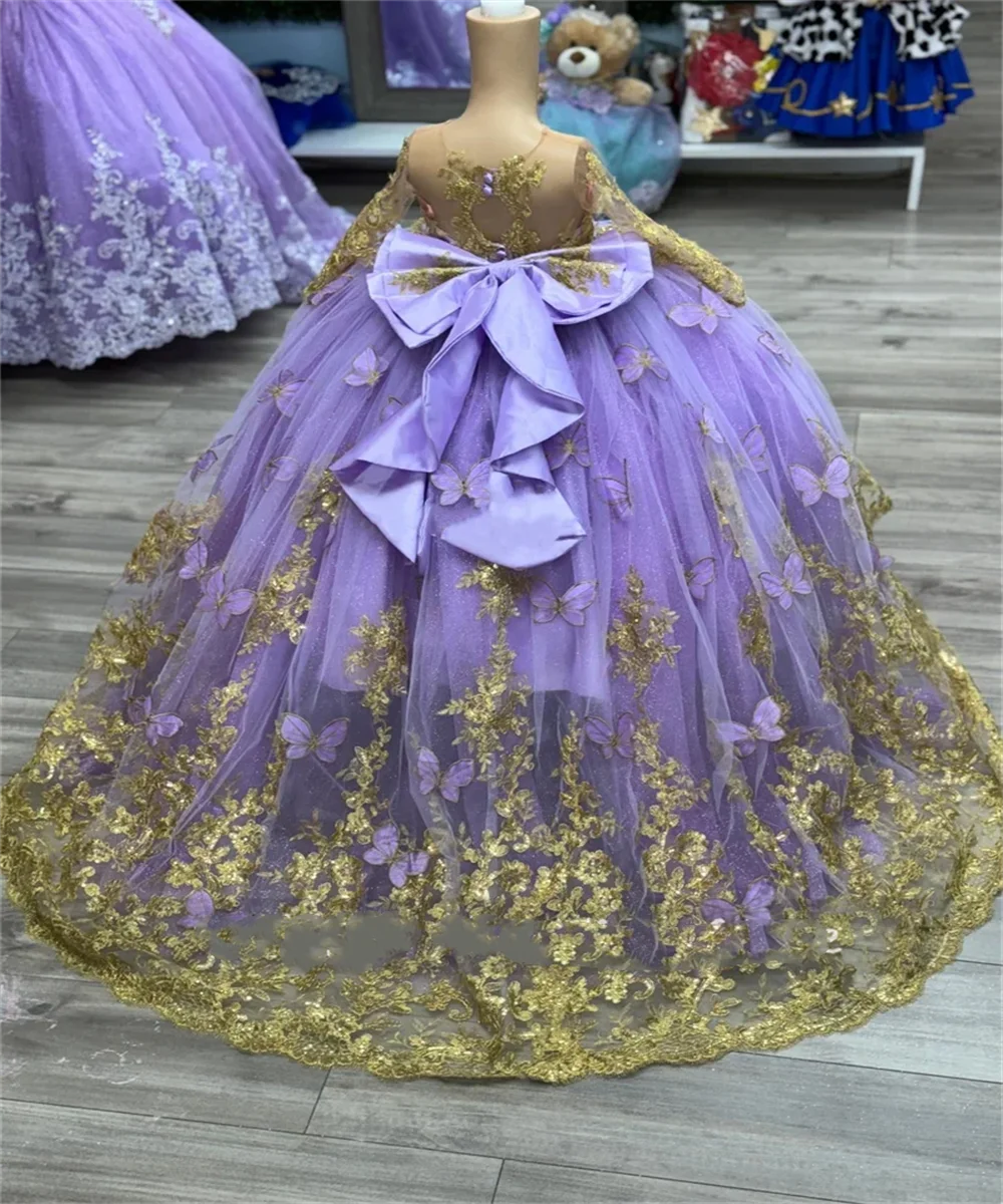 Lavender Flower Girls Dress Luxury With Bow Beading Butterfly Ball Gown Flowers Golden Applique For Birthday Party Gown