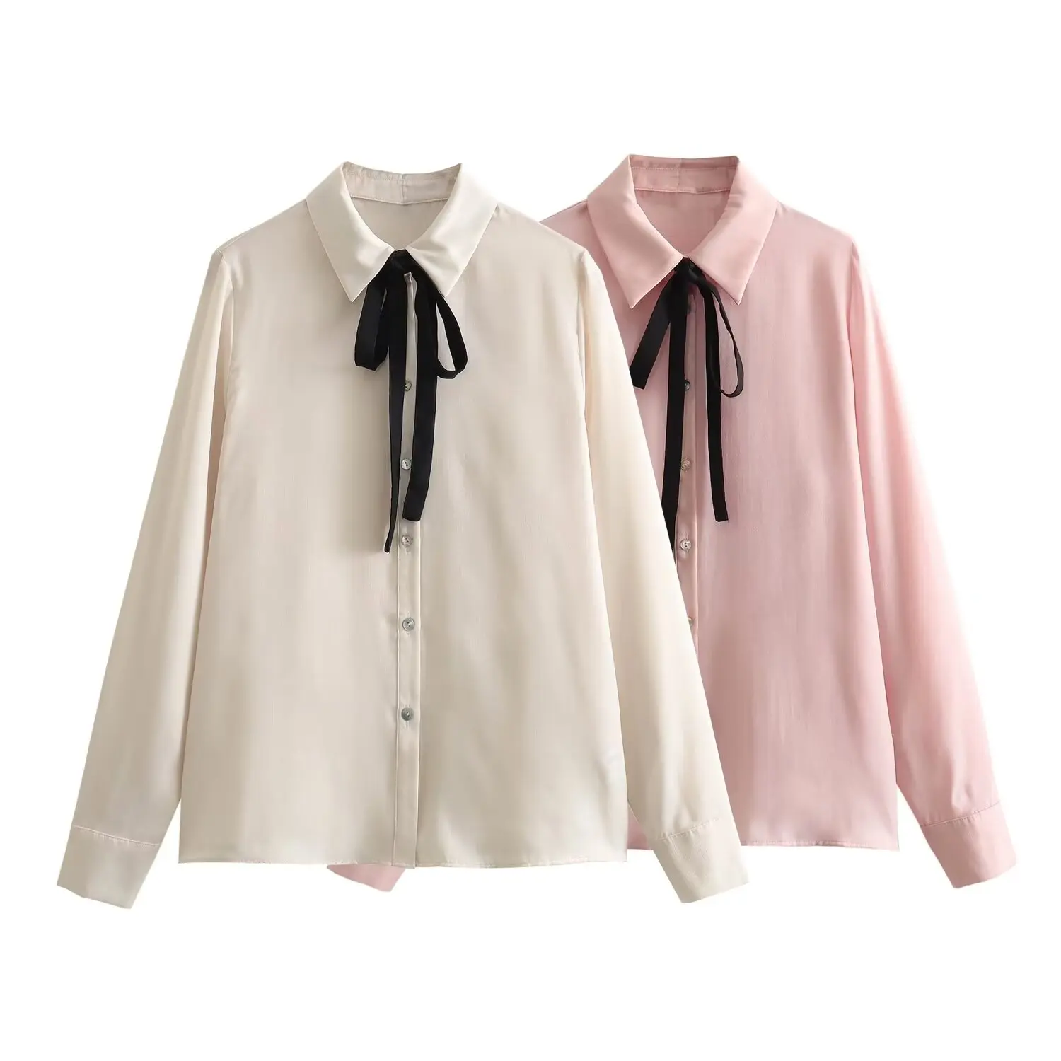 

Rindu TRAF 2024 Elegant Blouses Women's Bow-trimmed Silk Satin Long-sleeved Shirt Shirts Cheap Clothing Offers