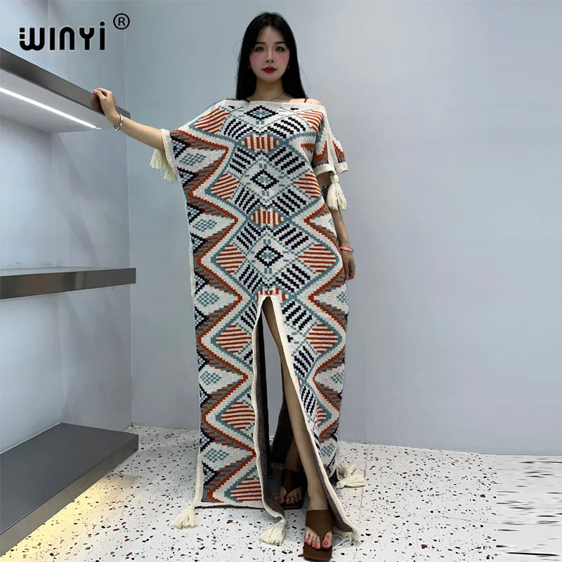 WINYI nowy geometryczny nadruk komfortowy ciepła moda kaftan sukienka na wakacje elegancki afrykański Boho imprezowe zimowy kaftan dla kobiet długa