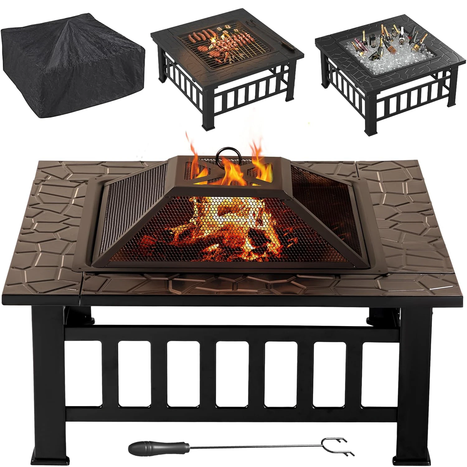 Outdoor Fire Pit 32 Inch Patio Square Metal Firepit with Cover Poker & Grate Wood Burning Fireplace Backyard Stove