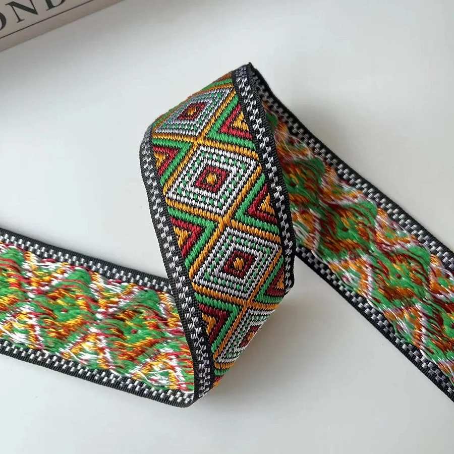 6 Yards/lots wide 4.7 cm Woven Jacquard Ribbon Trims green red geometric pattern for curtain and clothing accessory LS-2702