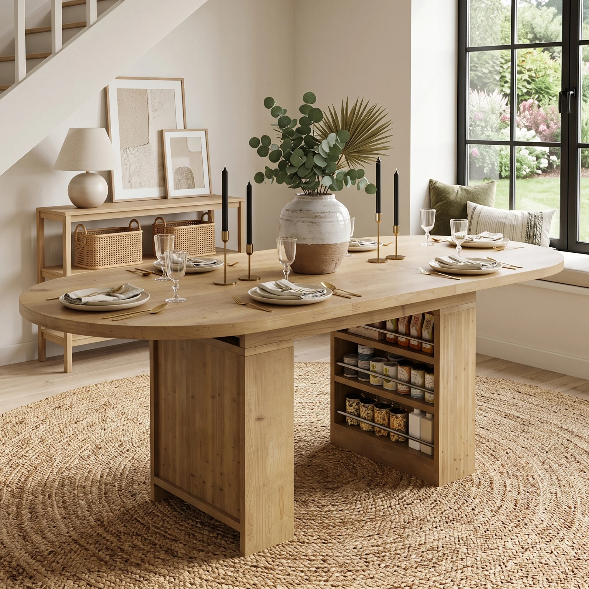 Table à manger extensible scandinave haut de gamme 150/200 x 90 cm pour 6-8 personnes, avec rangement, plateau épaissi, couleur chêne