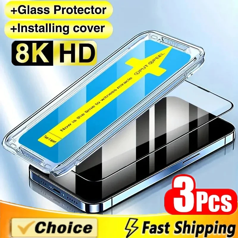 

3Pcs 8K High End Easy Installation Screen Protector for IPhone 14 11 12 13 15 Pro Max Mini 7 8 Plus XR XS MAX SE Tempered Glass