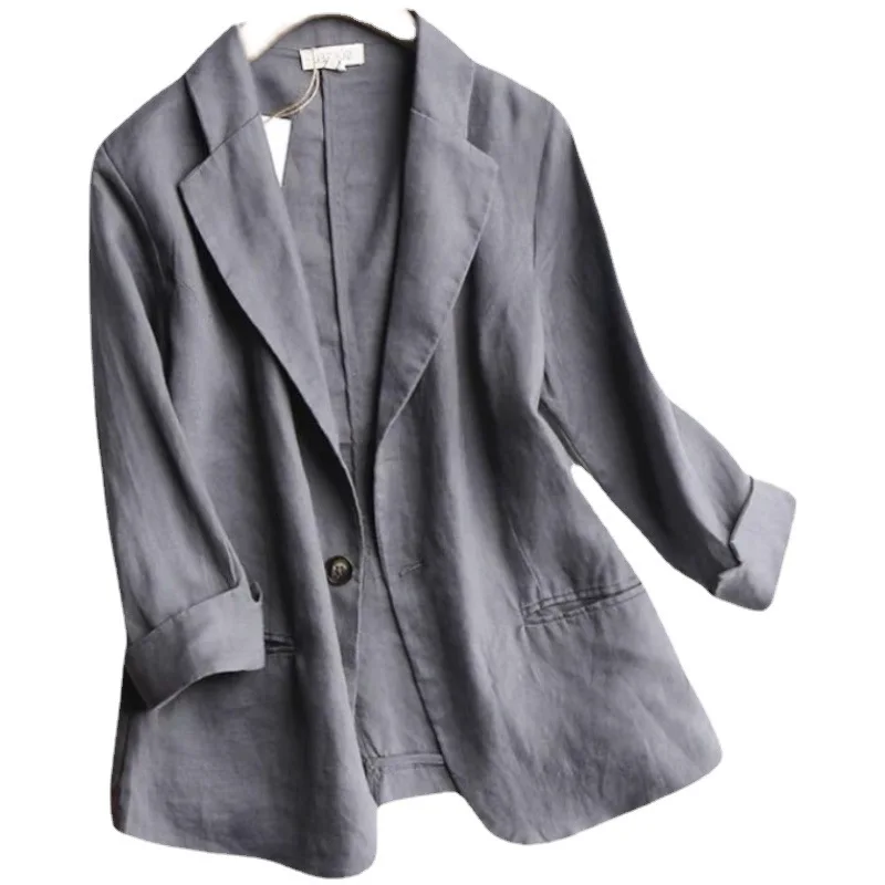 

Summer 2024 Loose Plus Size Women's Thin Cotton and Linen Cropped Sleeve Small Suit Jacket