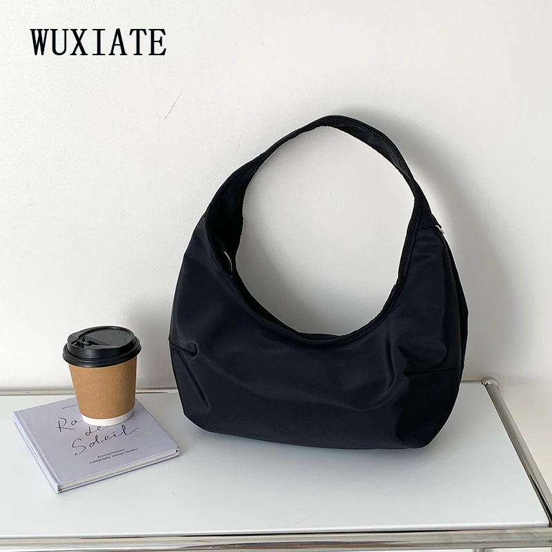 WUXIATE 2024 large capacity nylon dumpling bag underarm bag female wide shoulder strap casual solid color simple shoulder bag