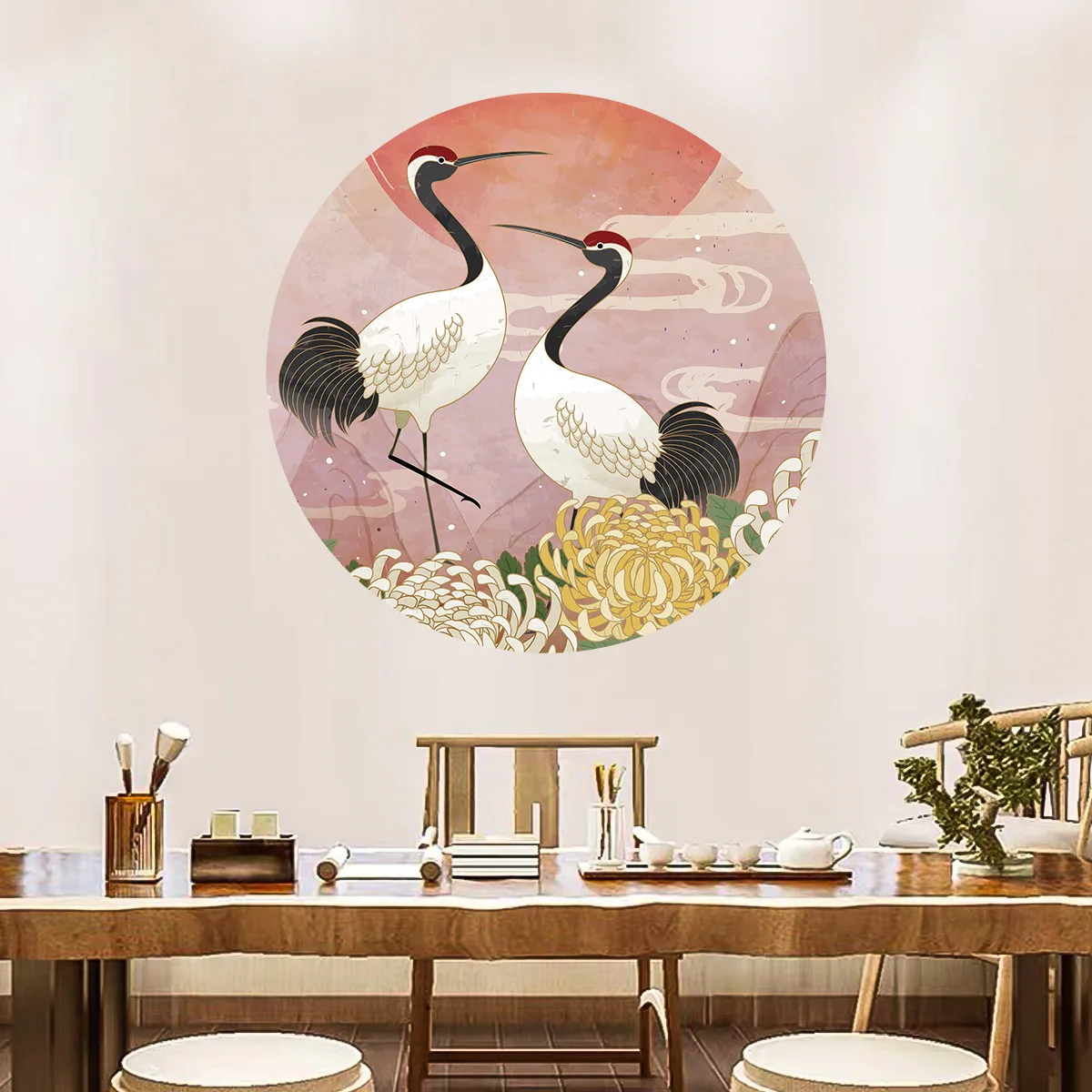 Red Crowned Cranes Wall Stickers for Chinese Style Room Living Room Background Wall Decoration Wall Decor Decals Wallpaper