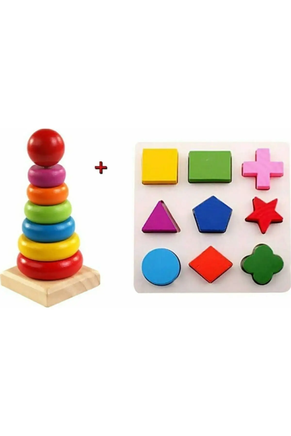 Find Wooden Educational Geometric Colored Shapes Plug Square+tower Set of 2