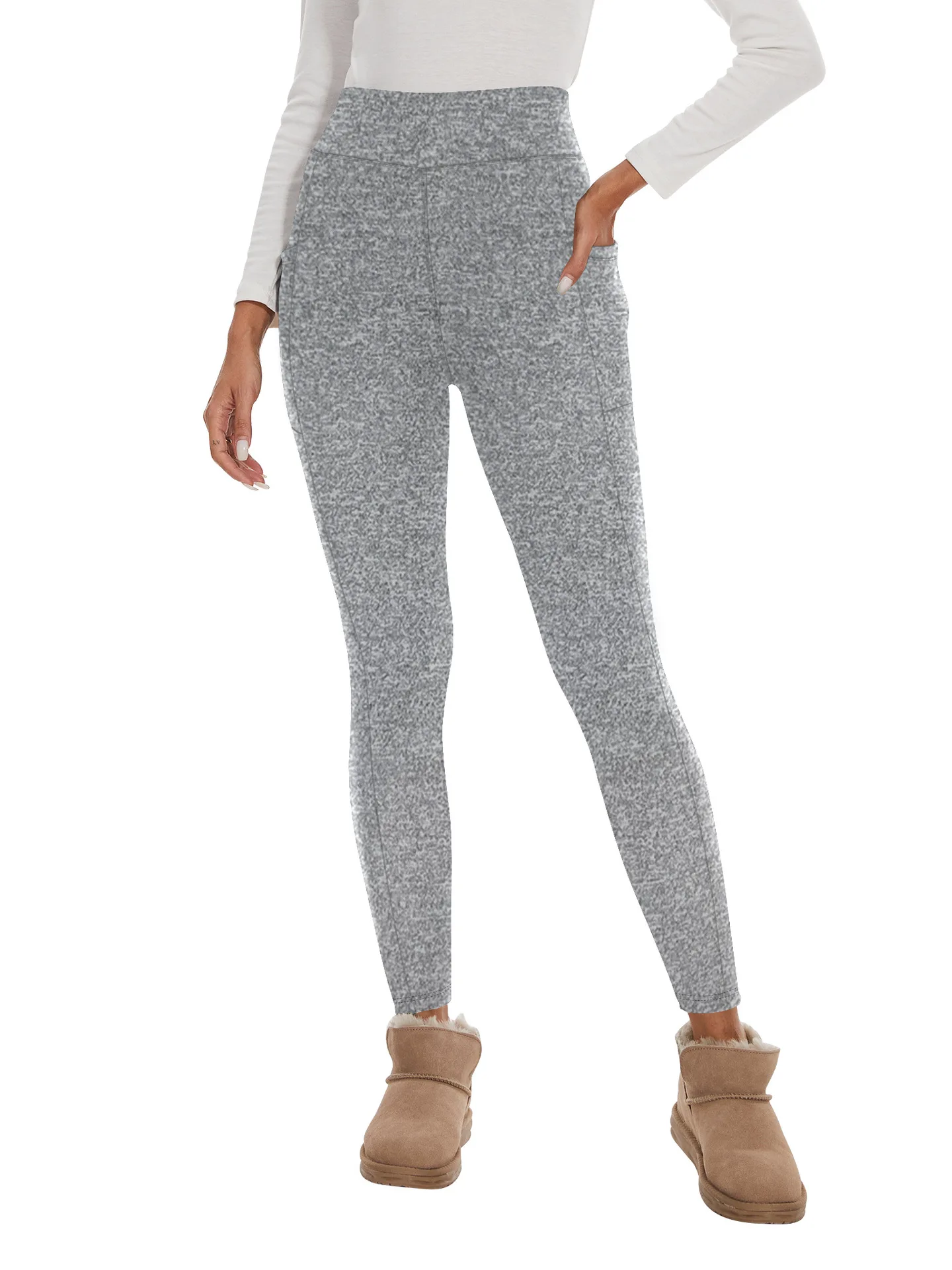 겨울용 따뜻한 플리스 안감 두꺼운 레깅스 주머니 포함 야외용 화이트 플러시 팬츠