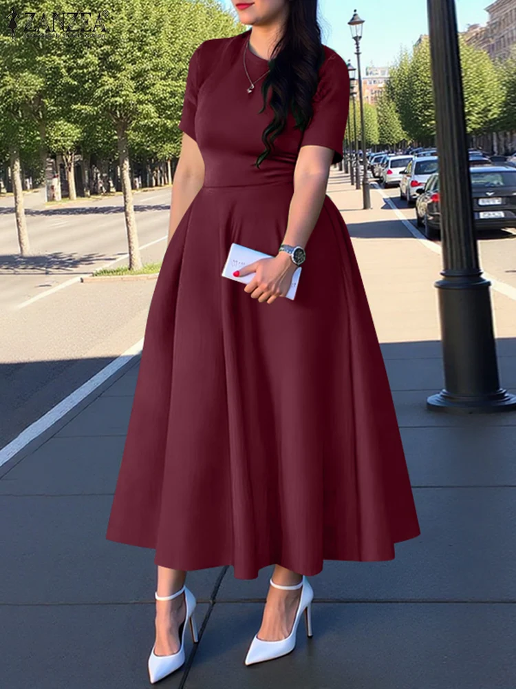 

ZANZEA Summer Midi Dress Women A-Line Party Vestidos 2025 Elegant Office Work Satin Silk Sundress Casual Solid Short Sleeve Robe