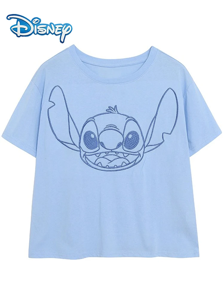 

Disney Stitch Little Monster Cartoon Print Embroidery T-Shirt Cute Women Short Sleeve O-Neck Pullover Tee Tops Female Streetwear