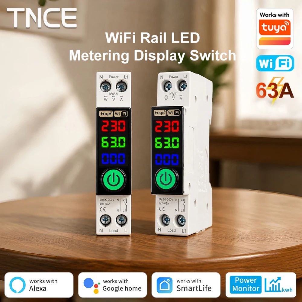 TNCE Tuya Rail LED MCB Circuit Breaker WIFI, 1-63A Smart Over Current Under Voltage Protection Power Meter, Voice Google Alexa
