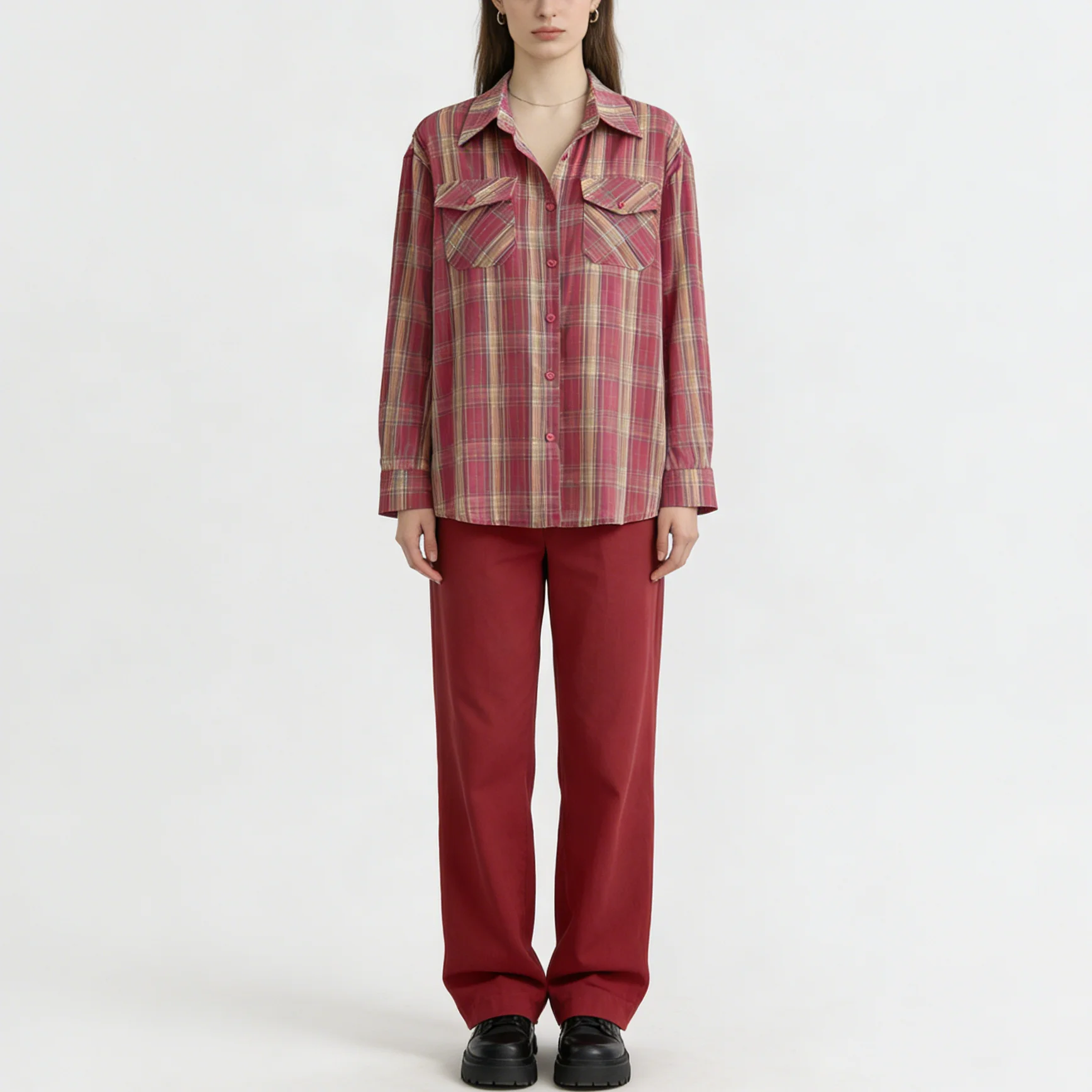 

CiCi 2026 Women Blouse Turn Down Collar Long Sleeve Plaid Pattern Chest Pocket Detail Oversized Silhouette Casual Streetwear