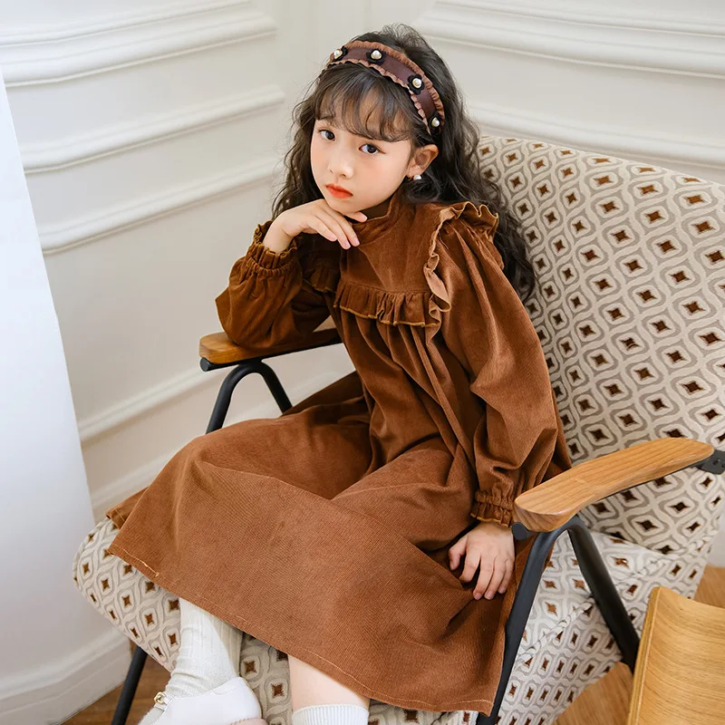 الخريف الشتاء فتاة صغيرة طويلة الأكمام تكدرت المخملية فستان الأطفال فتاة لون نقي الرجعية فستان كاجوال فتاة المدرسة فستان سميك #4